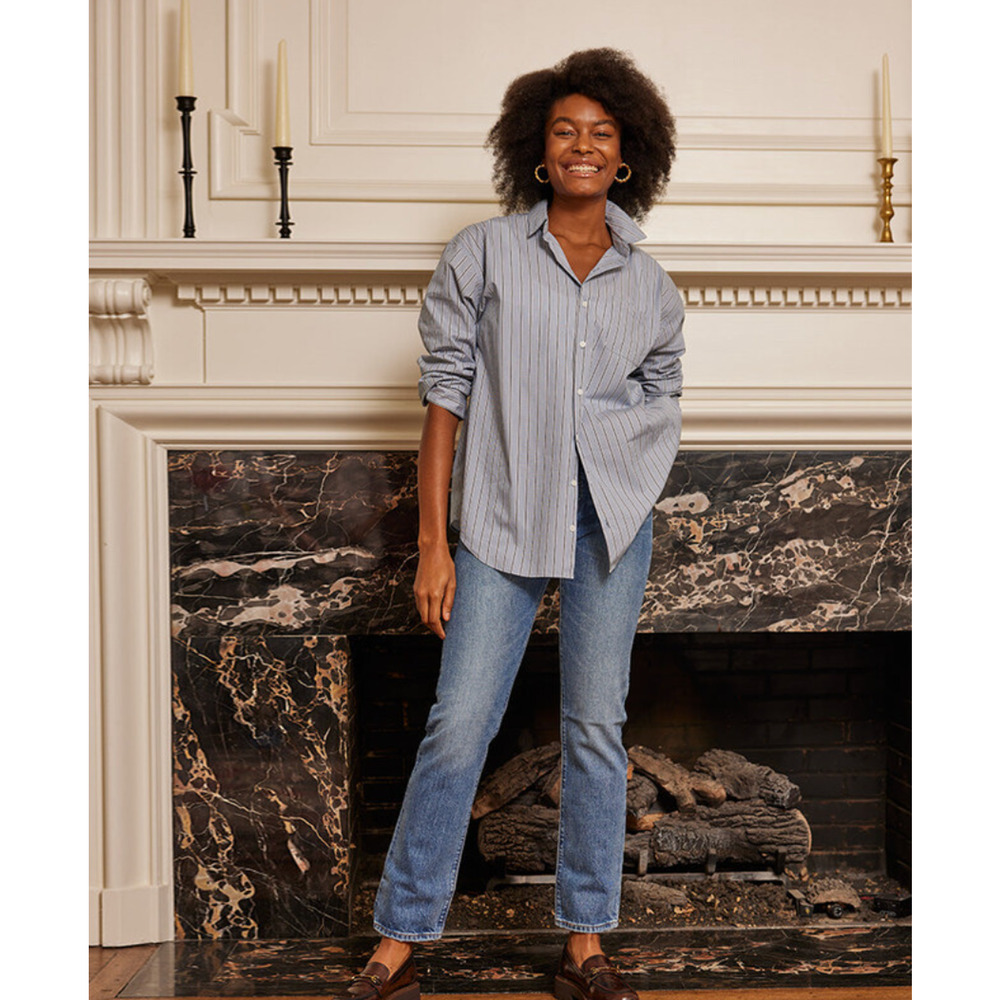 Summersalt The Perfect Boyfriend Shirt - Pinstripe in Admiral & Midnight Medium